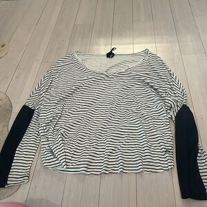 Seven7 Stripe Long Sleeve Top with Leather on Sleeves L